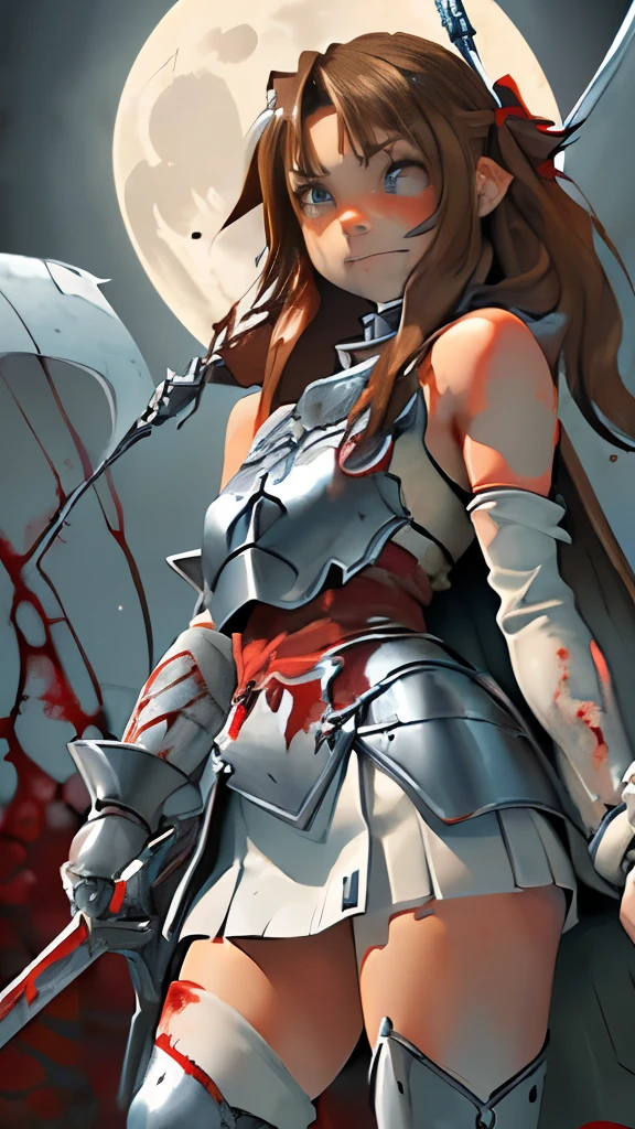 8k,(Asuna(sao): 1.6),one Girl, Solo,(perfect anatomy:1.43), (medium Hair:1.55) ,(Half Up:1.45),Bangs, Brown Eyes,Fine Eyes,(sad smile:1.3),white thighhighs,(Brown Hair:1.6),blood-soaked boots,(18 years old:1.5),Full Body,(fusion of bloody white silver full plate armor and blood-soaked long cape:1.63),(Bare Shoulders:1.5),(mini Skirt:1.26),(holding blood-soaked one rapier:1.43),(standing on moonlit night blood pool battlefield:1.52),Fantasy,(blood effect:1.53),pov,eye-level view,(drop shadow:1.21)