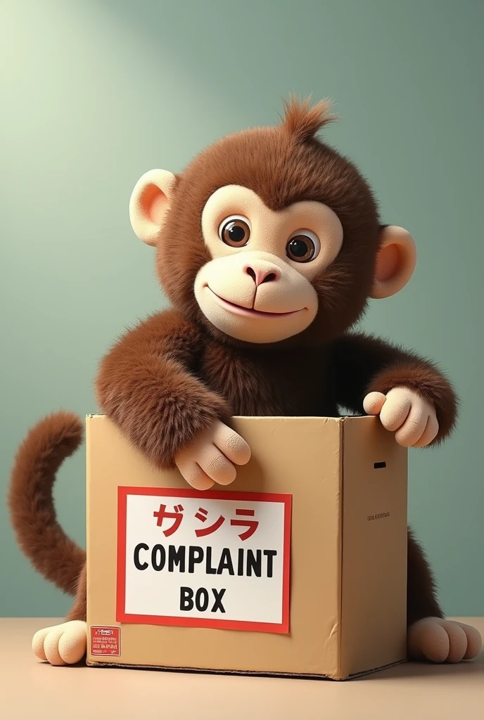 A stuffed monkey with its hand inside a box、The box is labeled "Complaint Box" in Japanese.