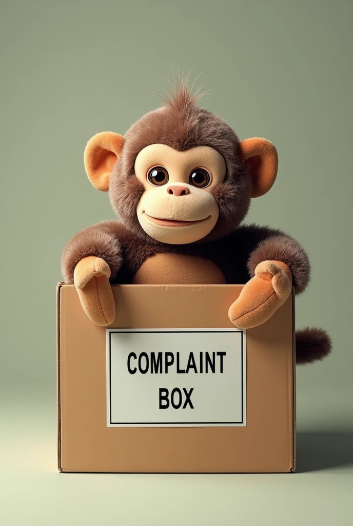 A stuffed monkey with its hand inside a box、The box is labeled "Complaint Box" in Japanese.