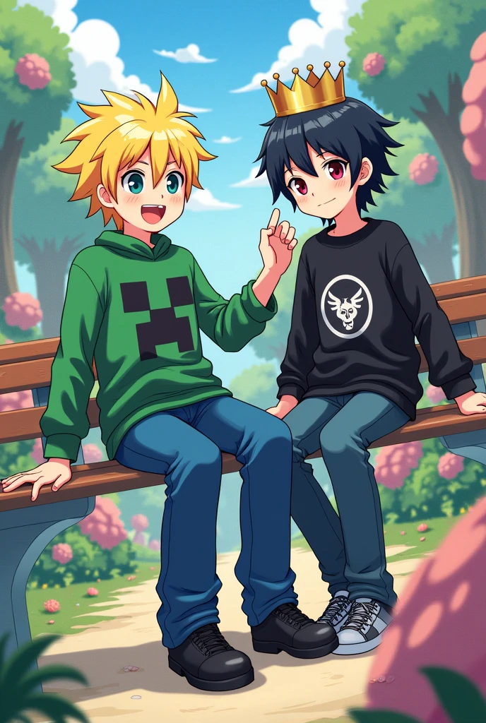 A yellow-haired anime boy wearing a green creeper sweater, blue pants, and black shoes with a black-haired anime boy wearing a crown and a black sweater with a logo.. fire 
