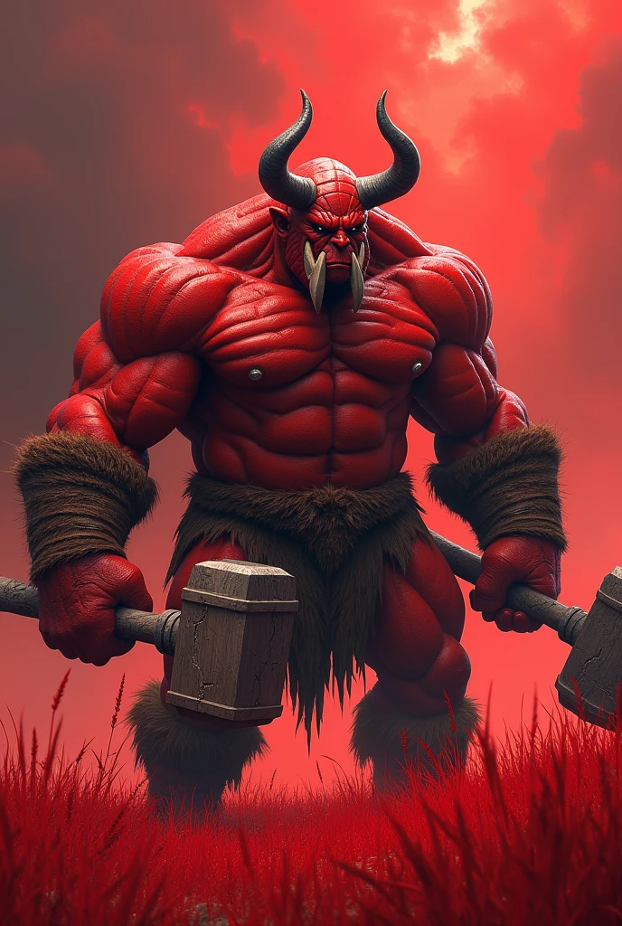 Create an image of an ogre standing approximately three meters tall in a vivid red grassy field. The ogre has a physique resembling a heavily trained bodybuilder, with prominent, well-defined muscles that flex and move with every motion. Its skin is a bright, blood-red color, reflecting intense violence and brutality embedded in its very cells.
The ogre’s face is sharp and menacing, with small, fierce eyes that convey aggression and rage. It has four pairs of sharp tusks protruding from its lower jaw—two on the left and two on the right—extending outward and slightly upward from its mouth. These tusks are long and pointed, adding to its fearsome and dangerous appearance.
The most striking feature is the pair of large, curved horns protruding from the sides of its forehead. These horns extend backward from the forehead, curving smoothly and sharply over the head, ending well past the crown in a graceful yet menacing arc. The horns appear to be forged from steel, with a robust and slightly curved shape, enhancing the ogre's imposing and formidable presence.
The ogre wields a massive wooden hammer that looks capable of crushing anything in its path. Despite its enormous size and heavy appearance, the ogre holds it with ease. The hammer shows signs of extensive use, with cracks and wear on its head, adding to its menacing aura. The field of grass around the ogre is a striking red, providing a dramatic backdrop that contrasts with the ogre’s bright red skin, emphasizing its intimidating presence in this surreal environment.