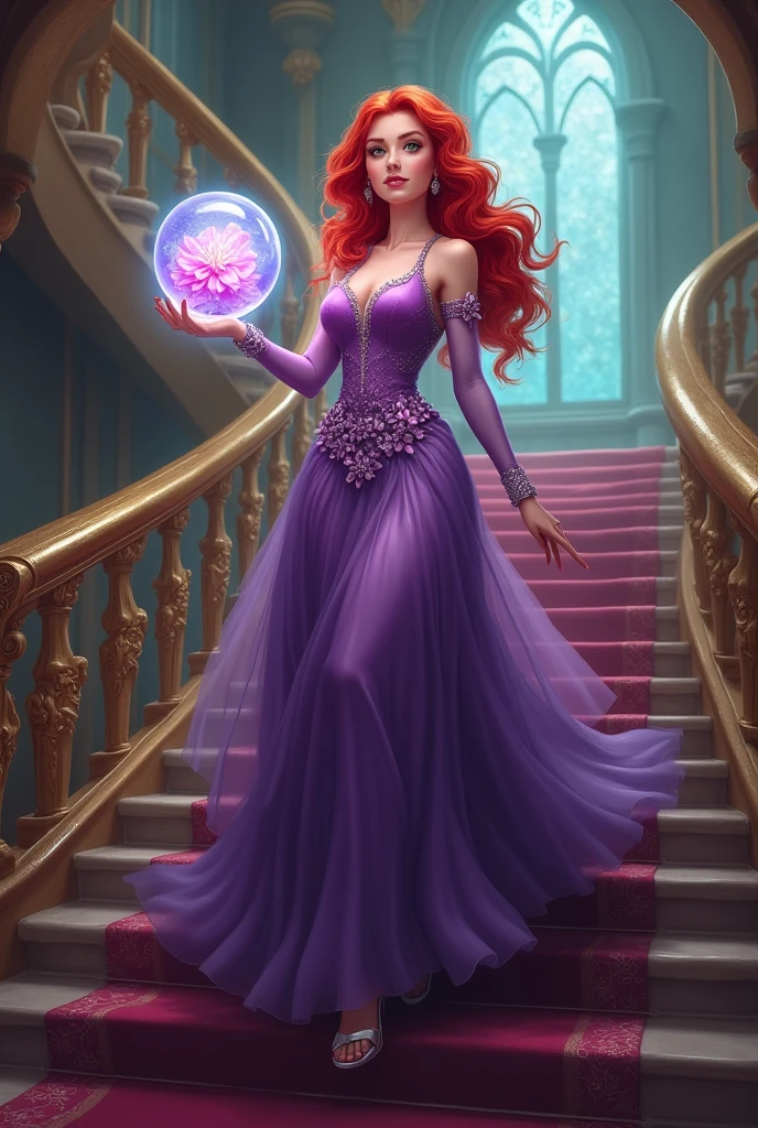 Guinevere is a princess, She uses magic, and she likes the mathiolla icana flower, e também Tenhe cabelos ruivos ondulados e olhos verdes, she wears a purple dress with flower details, Tenhe , she's very vain, and super confident, e your weapon is a bright crystal ball with a flower inside, walking up the stairs while holding the bright crystal ball!
