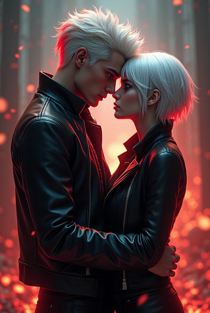 Create a handsome boy with white hair and a red cut on his hair and red eyes wearing smart leather jacket with a 16 years beautiful girl with white Short hair and blue eyes sit side by side and kissing each other and in background make a hell and make a title on the front GHOST RIDER NEW AGE