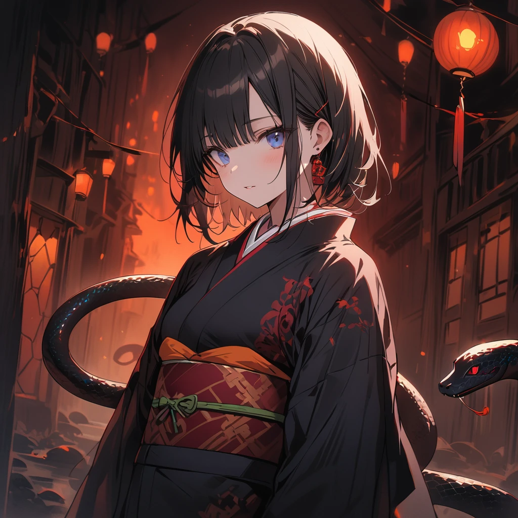 woman, Fair skin, Black Hair, blue eyes, black snake on the lower half of her body, Mysterious eyes, A kimono with dark colors, primarily black., snake, masterpiece, Highest quality, Spooky atmosphere