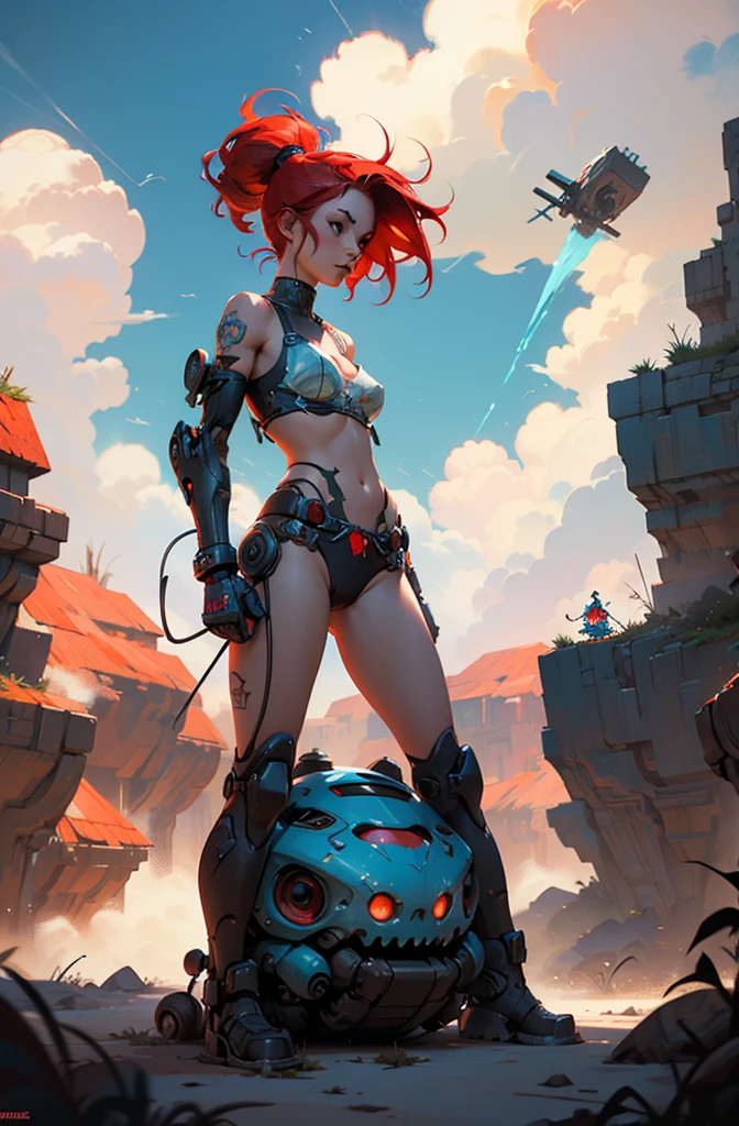 Epic see through bikini Cinematic PUNK ROCK cute red haired woman, with bouncing breasts no clothes in the style of Tony Sandoval and Ashley Woods art. Fighting robots in the the clouds.