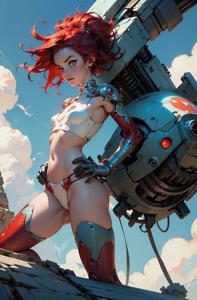 Epic see through bikini Cinematic PUNK ROCK cute red haired woman, with bouncing breasts no clothes in the style of Tony Sandoval and Ashley Woods art. Fighting robots in the the clouds.
