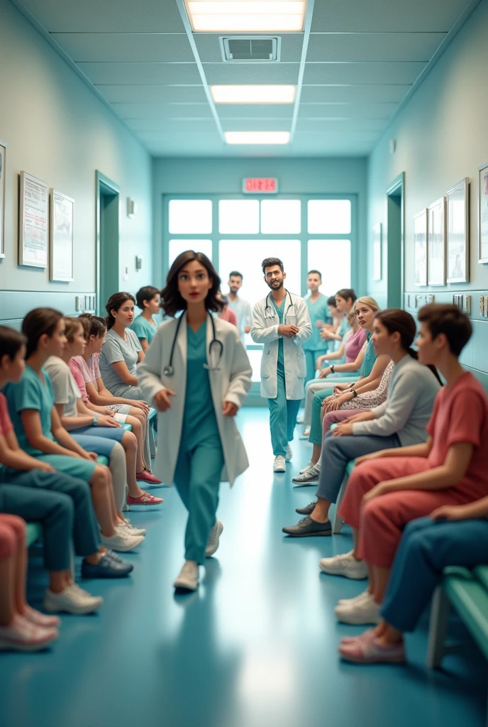 A busy hospital corridor with doctors, nurses, and patients moving around. The walls are painted white, and there are posters about health and safety on the walls. Some patients are sitting on benches, and a few are being wheeled on stretchers. The atmosphere is serious but orderly, with the sound of beeping machines and muffled conversations in the background."3d animation, disney Pixar 
