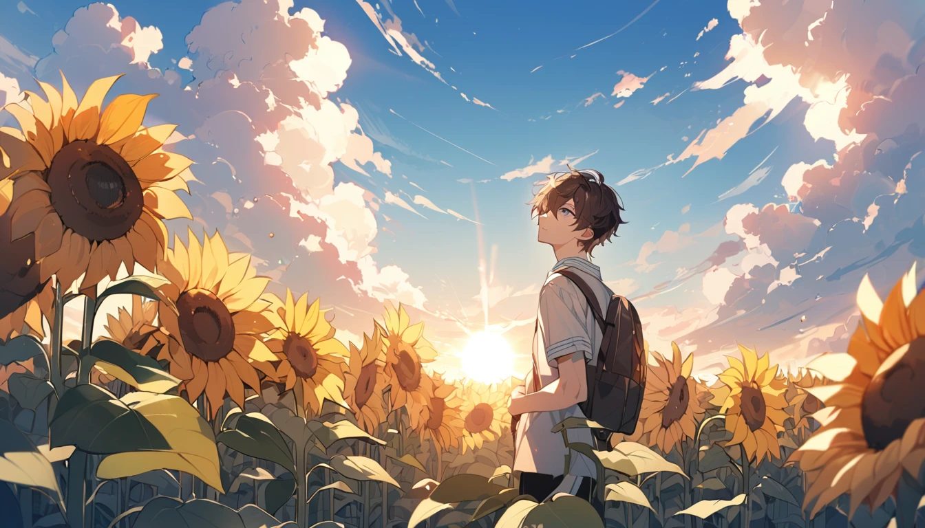 good looking, A male high school student alone, 1 male, Dark brown hair, Pink highlights on the tip, Pale pink eyes,summer,A vast blue sky,sun,Looking up at the sky,The background is sunflowers and nature.
