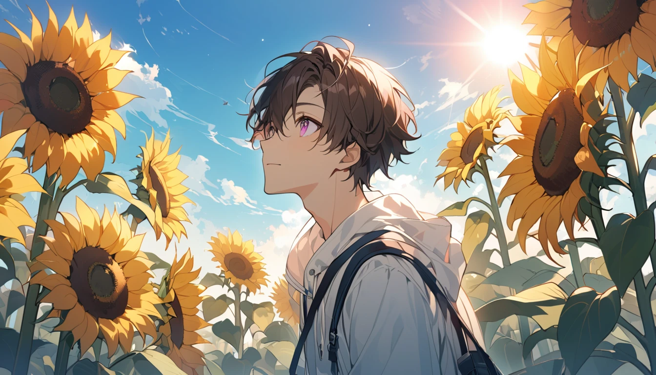 good looking, A male high school student alone, 1 male, Dark brown hair, Pink highlights on the tip, Pale pink eyes,summer,A vast blue sky,sun,Looking up at the sky,The background is sunflowers and nature.
