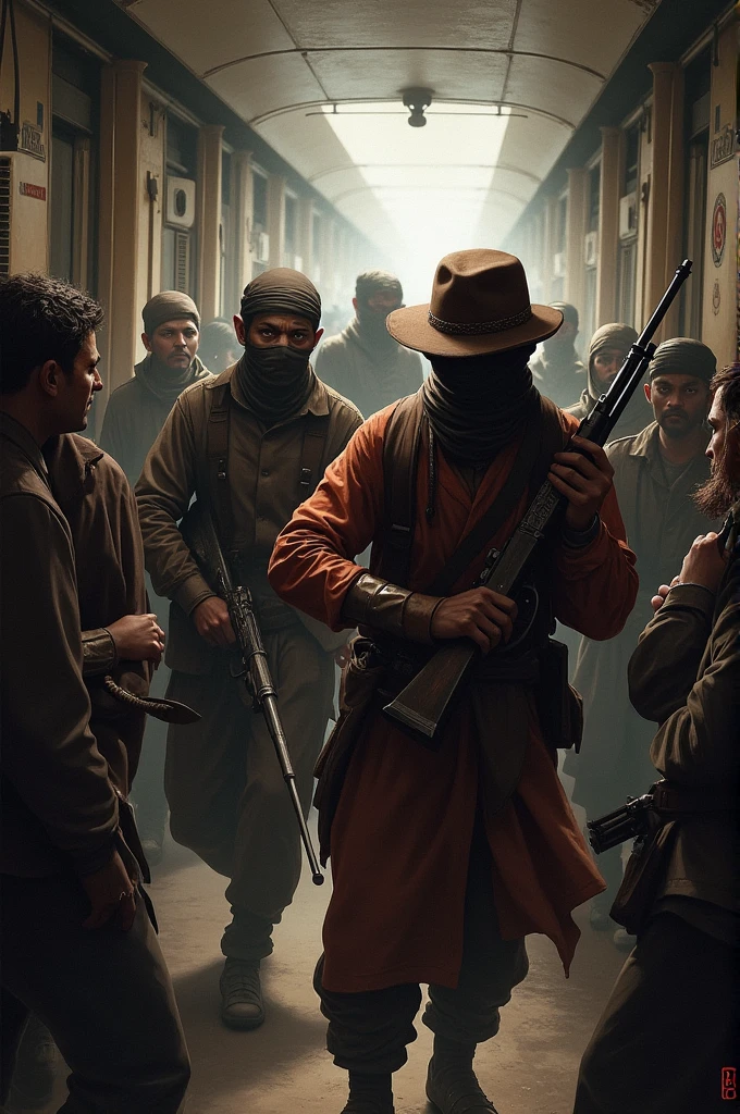 Some dacoits are entering in a train with weapons