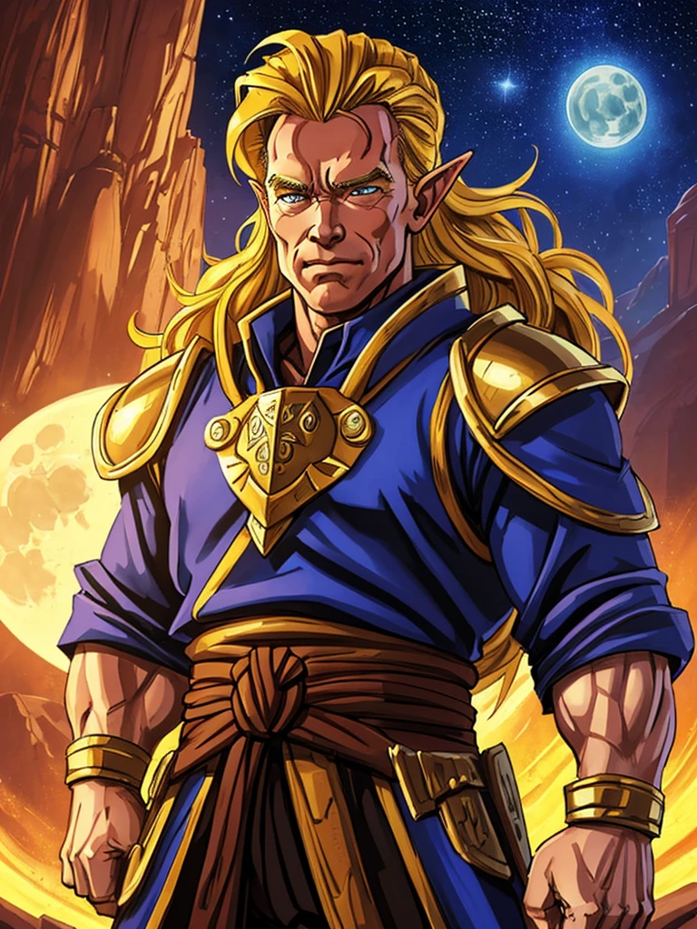portrait of blonde arnold schwarzenegger as an dnd elf, long ears, medium-build, viking, fantasy dungeons-and-dragons, breastplate and alien-robes, calm happy wise superior good humor, super saiyan power (portrait of one person) .. background is moon and stars desert