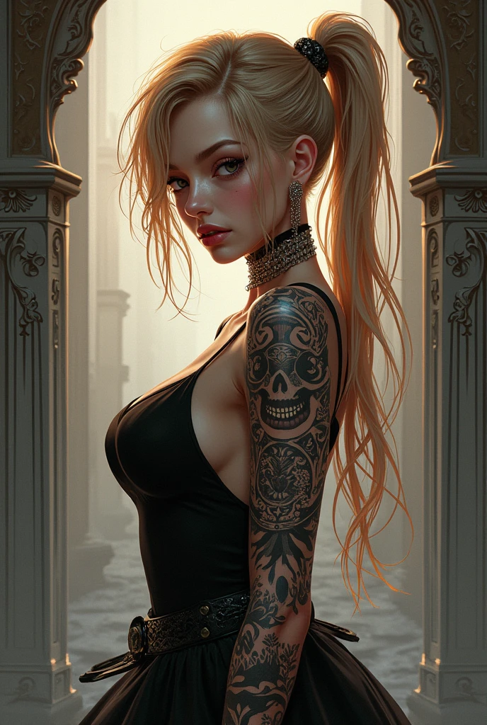 (masterpiece, best quality:1.2), 1girl, solo, a cartoon image of a 20 year old woman , ((Shaved side hairstyle:1.4)), (Punk:1.3), (((asymmetrical hair:1.3)), ((blonde long hair:1.3)) and ((brown shaven hair:1.2)), ((tribal tattoos:1.3)), anime drawing inspired by Ross Tran, tumblr, digital art, anime styled, in an anime style, anime inspired, in anime style, seductive anime girl, high quality fanart, ross tran style, anime styled digital art, anime vibes, attractive anime girl, anime style, (gothic style:1.2) . mysterious, haunting, dramatic, (minimal, ornate), aesthetic, eerily beautiful, dark surrealism, best quality