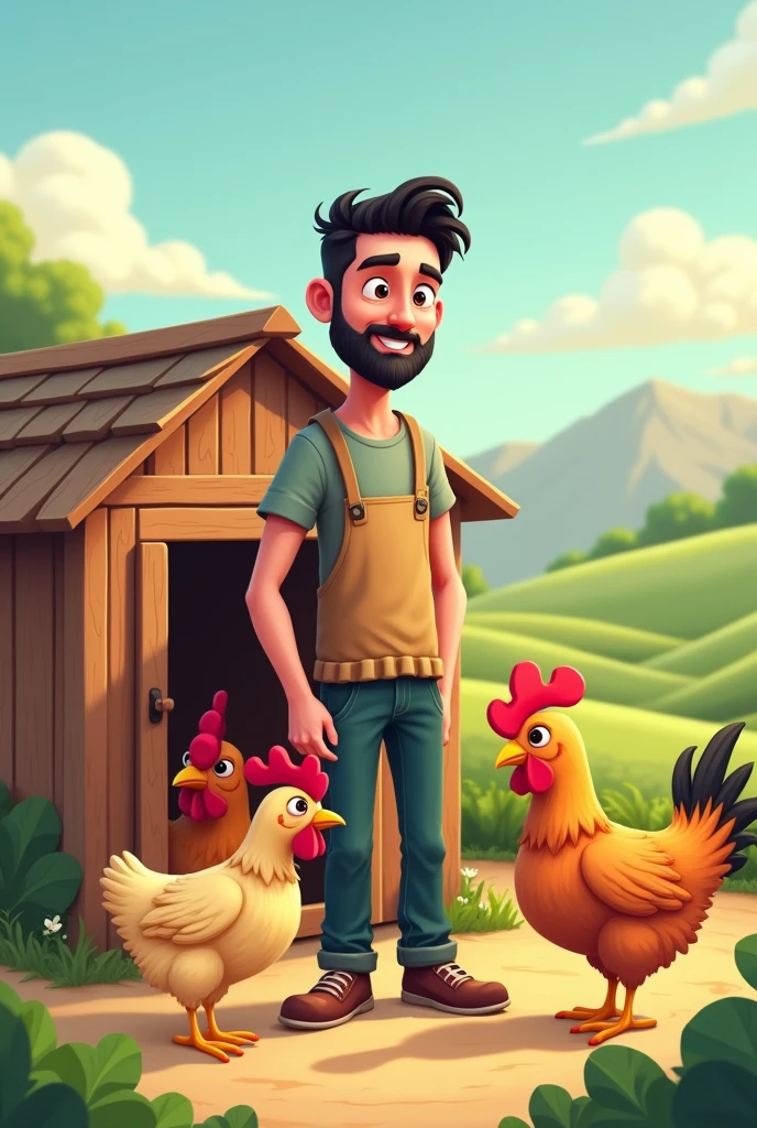 Create a 25 year old white guy, with black hair, social, with beard and taking care of his chicken coop in cartoon