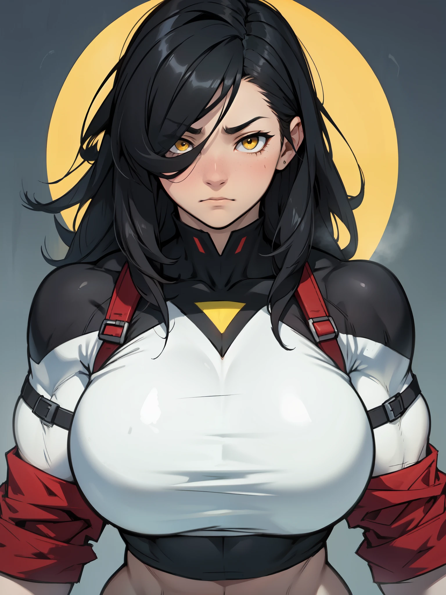 giant muscles huge breasts massive hair pale skin black hair yellow eyes long straight hair sad sad girl sad patterned  patterned patterned patterned 
