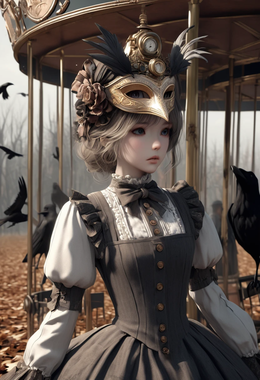 hyper 3D realistic style of photography with intricate details in high resolution, realistic 3D cinematic.Cinema 4D Octane Render style, realistic cinematic scene.Create a high-quality 3D cinematic reality photorealistic image. The image depicts a figure dressed in elaborate Victorian-era clothing. The dress is detailed with lace and embroidery, featuring a high collar and long sleeves, characteristic of the period. The figure wears a pale high-collared dress with ruffles around the neck, a structured bodice with buttons, and puffed sleeves. The figure is adorned with a close-fitting headpiece that covers the entire head except for the face, decorated with intricate designs around the eyes, resembling an elaborate mask. The overall impression is eerie and mechanical. The background features dark, barren tree silhouettes and a cloudy sky, creating a gloomy atmosphere. Crows or ravens are flying in the sky, enhancing the eerie mood. Around the carousel, there are old and tattered red flags and triangular pennants, giving a sense of abandonment and neglect. The ground is uneven and covered with dry leaves, indicating a long-forgotten place. Overall, this image portrays a once joyful place now in decline, evoking a gloomy and sentimental atmosphere. Combining Victorian fashion elements with steampunk and gothic aesthetics, it creates a hauntingly beautiful and otherworldly scene.3D cinematic, octane render, high resolutions, photorealism, webcam photography, close-up, front view, focus to face, face croquis, insanely detailed, ultra realistic, UHD, many detail