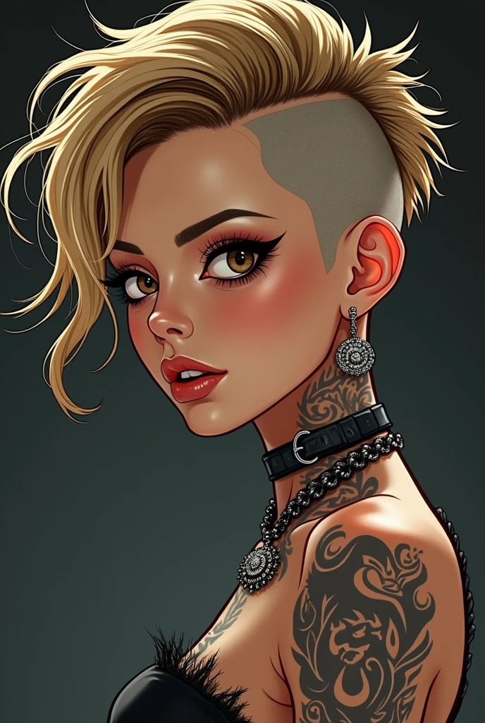 (masterpiece, best quality:1.2), 1girl, solo, a cartoon image of a 20 year old woman , ((Shaved side hairstyle:1.4)), (Punk:1.3), (((asymmetrical hair:1.3)), ((blonde long hair:1.3)) and ((brown shaven hair:1.2)), ((tribal tattoos:1.3)), anime drawing inspired by Ross Tran, tumblr, digital art, anime styled, in an anime style, anime inspired, in anime style, seductive anime girl, high quality fanart, ross tran style, anime styled digital art, anime vibes, attractive anime girl, anime style, (gothic style:1.2) . mysterious, haunting, dramatic, (minimal, ornate), aesthetic, eerily beautiful, dark surrealism, best quality