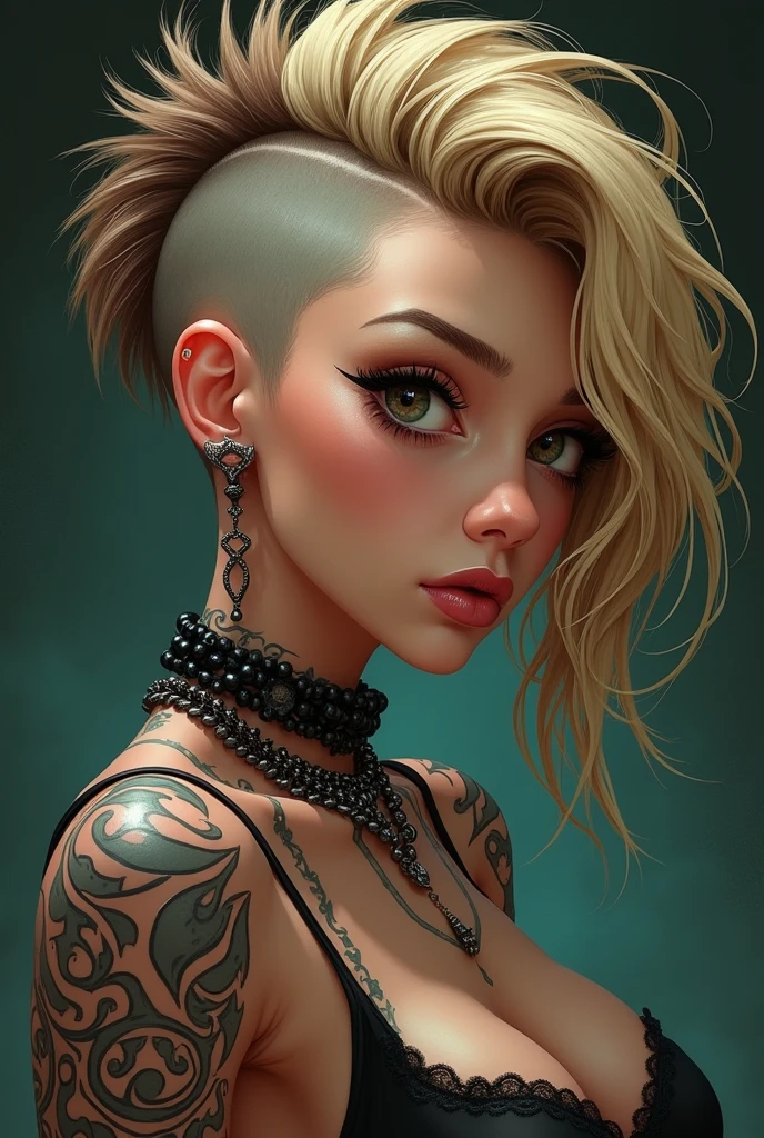 (masterpiece, best quality:1.2), 1girl, solo, a cartoon image of a 20 year old woman , ((Shaved side hairstyle:1.4)), (Punk:1.3), (((asymmetrical hair:1.3)), ((blonde long hair:1.3)) and ((brown shaven hair:1.2)), ((tribal tattoos:1.3)), anime drawing inspired by Ross Tran, tumblr, digital art, anime styled, in an anime style, anime inspired, in anime style, seductive anime girl, high quality fanart, ross tran style, anime styled digital art, anime vibes, attractive anime girl, anime style, (gothic style:1.2) . mysterious, haunting, dramatic, (minimal, ornate), aesthetic, eerily beautiful, dark surrealism, best quality