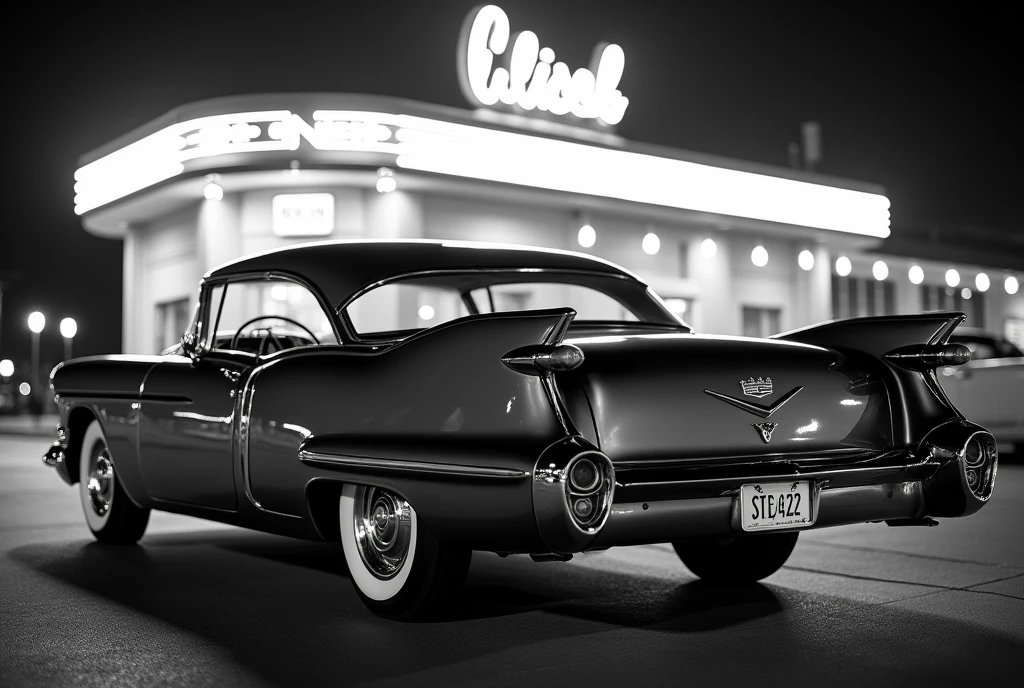 A vintage Cadillac Coupe de Ville, circa 1950s, parked in front of a classic diner with a neon sign. Black and white photograph, grainy film texture, capturing the ambiance of a bygone era. Focus on the gleaming chrome details, the iconic tailfins, and the overall sense of timeless luxury.