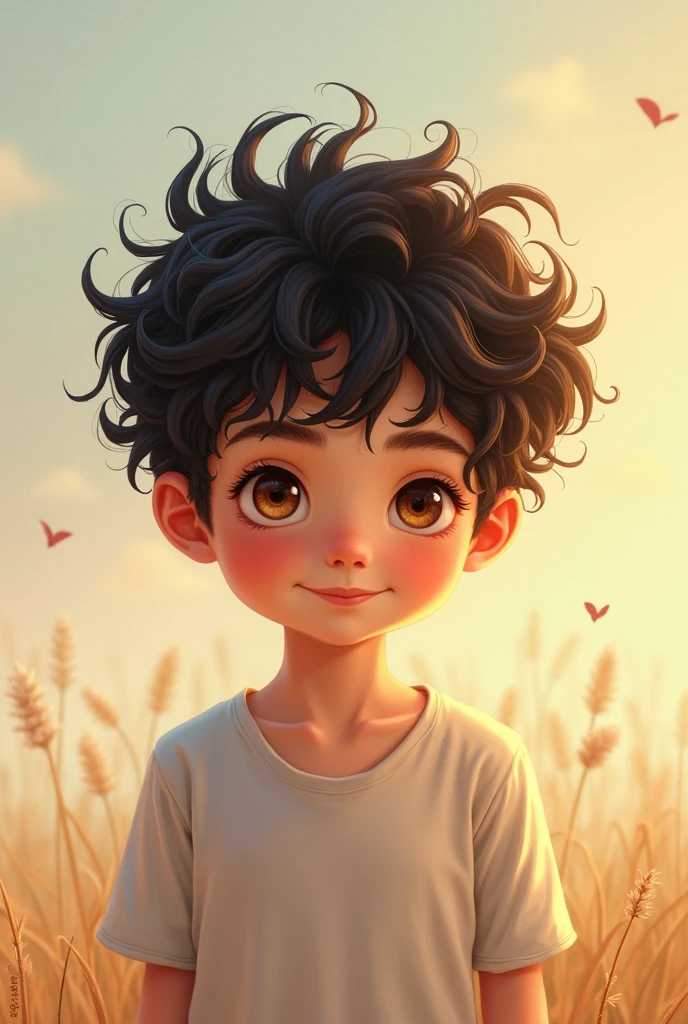 Create a boy with black curly hair, Brown eyes, Heartstopper style
