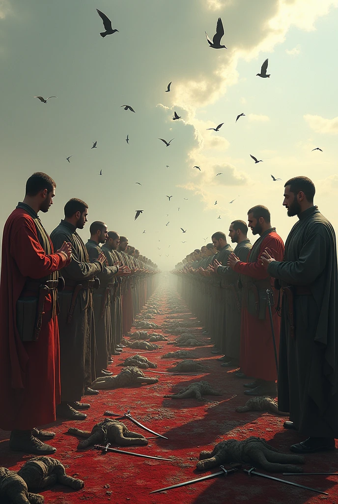 Islamic soldiers practice namaz in queue line by line. A battlefield And his sword put down in front of. And many human dead body near around . And Bird flying in sky for eating bodies
