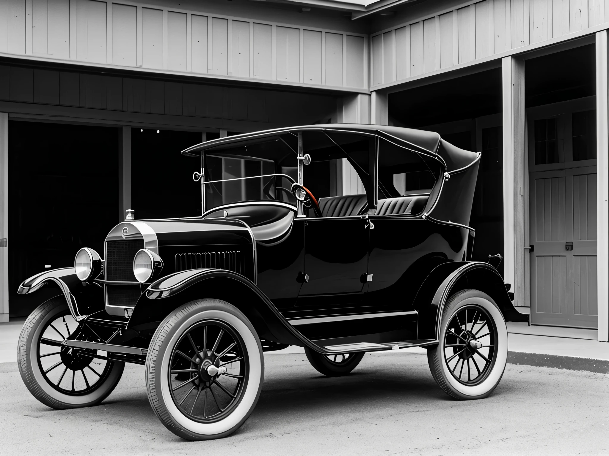 (masterpiece, best quality), best resolution, black and white picture of a model t car in a 1919-era garage