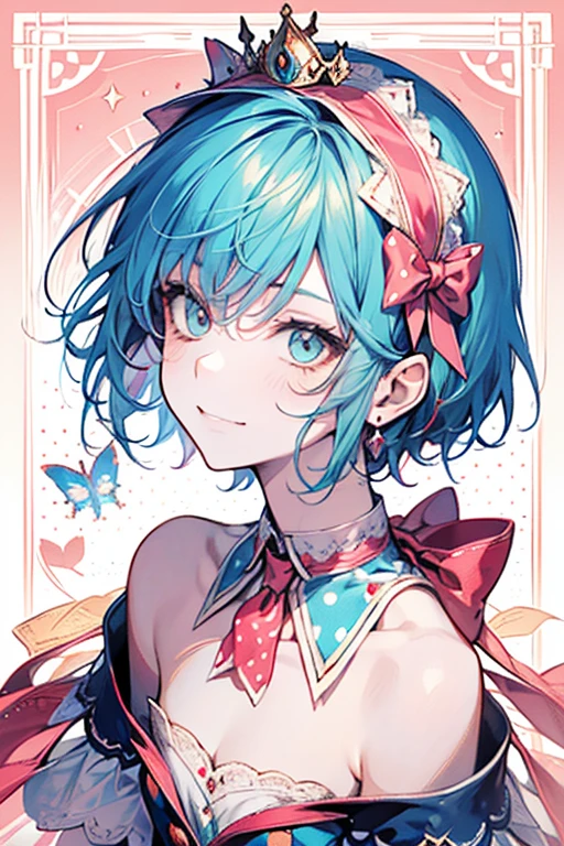 boy,((It's a Small World:1.3)),smile,Princess style from the fairy tale world,alice in wonderland,cheshire cat,close up of face,(polka dot background:1.2),red and white and pink and yellow,(look up:1.3),(NSFW),(plump cleavage),Absolute area:1.3)