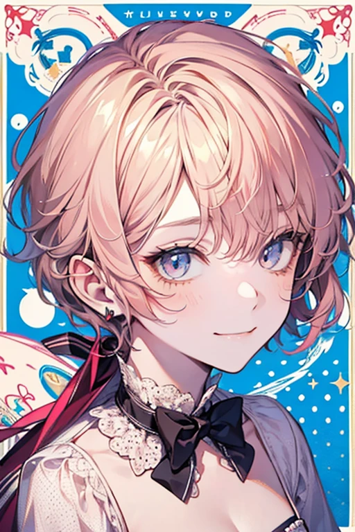 boy,((It's a Small World:1.3)),smile,Princess style from the fairy tale world,alice in wonderland,cheshire cat,close up of face,(polka dot background:1.2),red and white and pink and yellow,(look up:1.3),(NSFW),(plump cleavage),Absolute area:1.3)