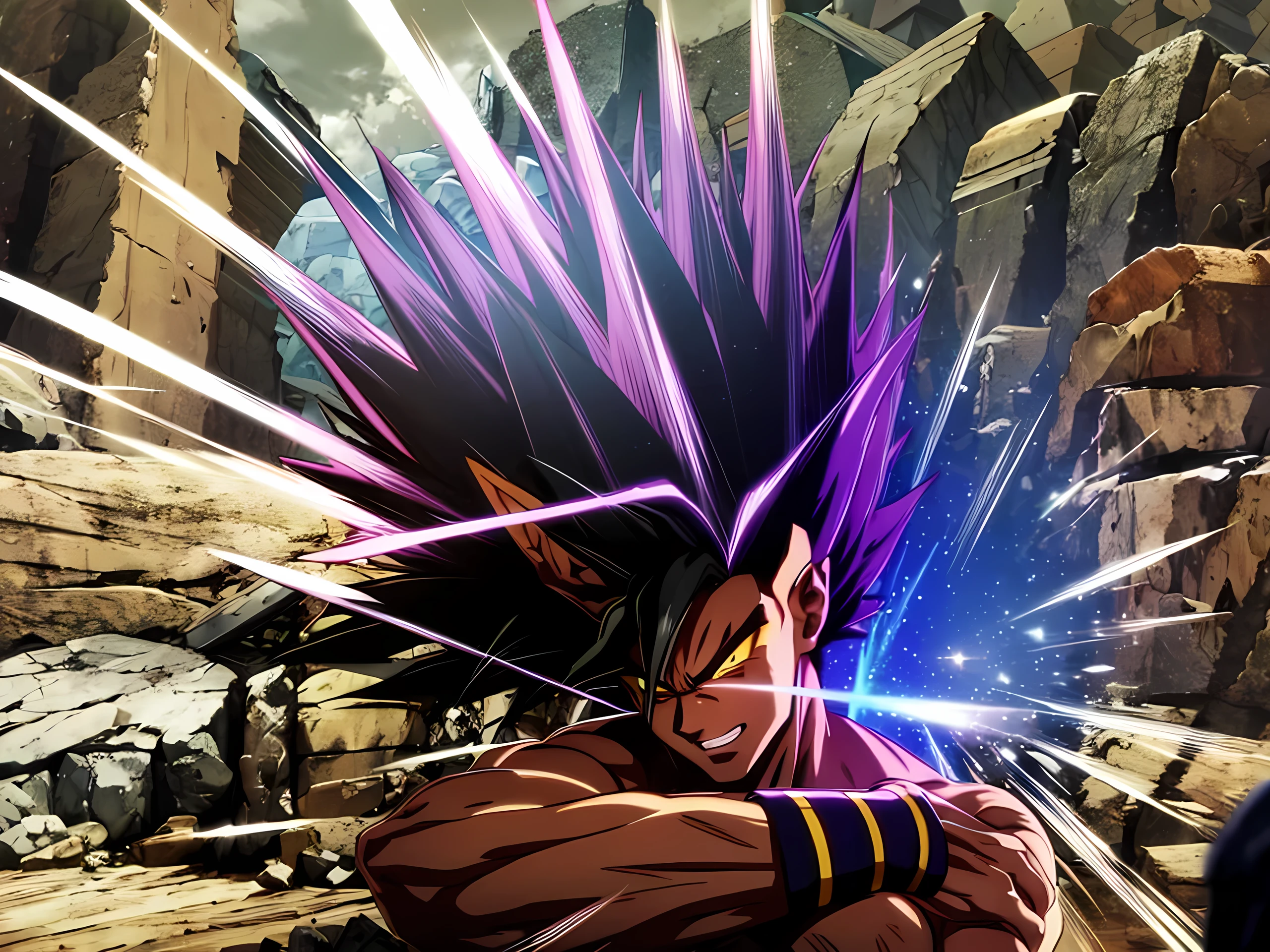 African American male, dark skinned male, super sayian 3, long spiky hair, black battle outfit, dark aura, earth shaking, rubble, cocky smile, full body