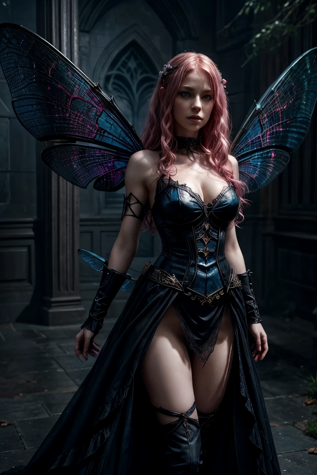 A fairy with curly pink hair, pale skin tone, blue eyes, In a black dress, dark fantasy character design, Epic exquisite character art, dark fantasy art, with the appearance of Freya Allan, dark fairy full view, amazing character of art. Dragonfly wings,