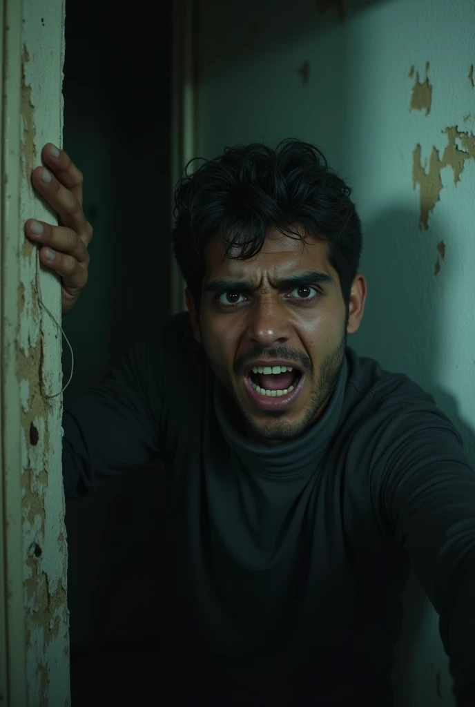 A scene of Sajjad trying to get out, and close-up shots of the walls of the house
For horror story