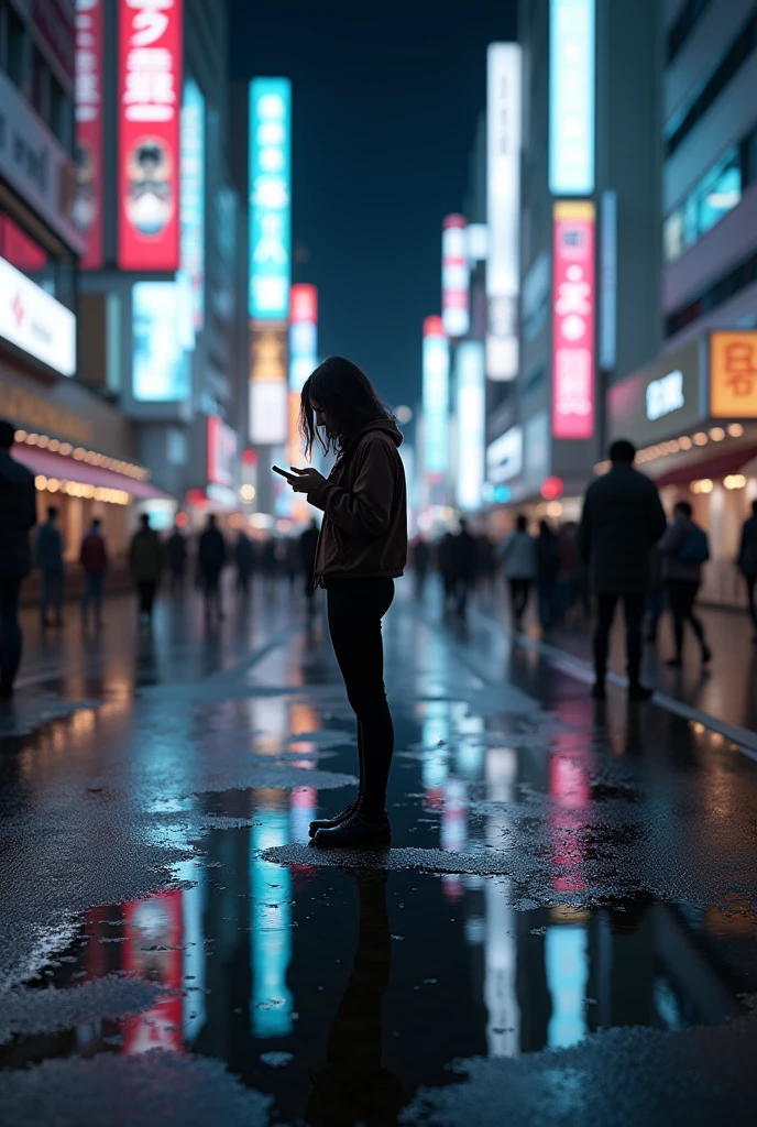 masterpiece,Highest quality,(Ultra-high definition CG Unity 8K wallpaper),(Highest quality),Physical Rendering,puddle,City view reflected on the water,Reflection of light,night,Busy Street,Passers-by々,Shibuya City,A prostitute stands alone, operating a smartphone.,