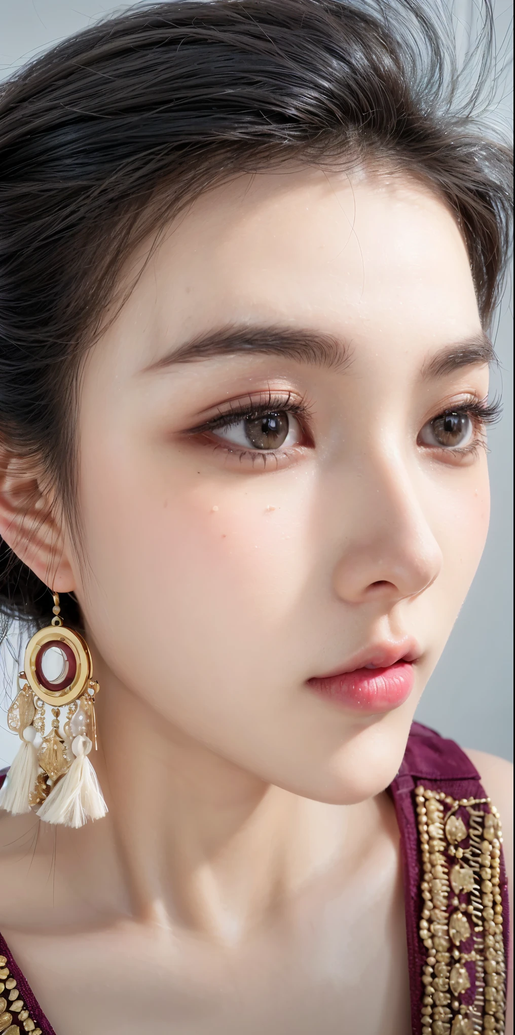 Game Art，CG Animation，Best image quality，Maximum resolution，8K picture quality，(A bust photo)，(portrait)，(Head close-up)，(Rule of Thirds)，Unreal Engine 5 rendering works，20 year old girl，((Queen))，The eyes are very detailed，(Large Breasts)，Elegance and nobility，Ray Tracing，Game CG，((3D Unreal Engine))，OC rendering reflection mode，4K，Ultra-clear，Translucent lace，Fair and plump figure，Pretty Face，Glossy Gel Coat，身着华贵礼服的Queen，Gorgeous clothing，Luxurious and exquisite jewelry，Colorful makeup，Full figure，Dark red lipstick，精致Gorgeous clothing，Supermodel，Gold Jewelry，Luxurious clothing，Gold and diamond jewelry，Rich facial details，Delicate and delicate skin texture，Gorgeous eyeshadow makeup，Three-dimensional facial features，The most beautiful face in the world，The wrinkles on the face are very clear.