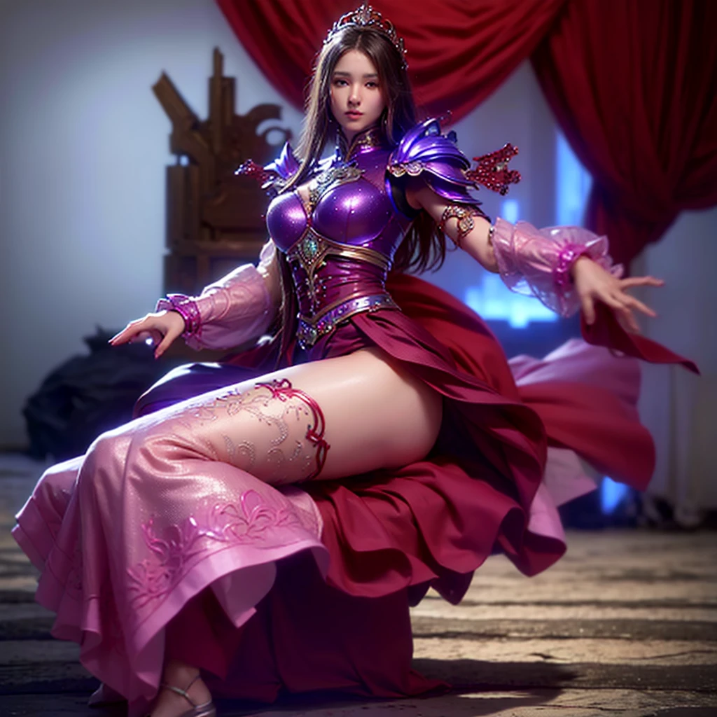 front_view, masterpiece, best quality, photorealistic, raw photo, (1girl, looking at viewer), long hair, mechanical purple armor, intricate armor, delicate blue filigree, intricate filigree, red metalic parts, detailed part, dynamic pose, detailed background, dynamic lighting,