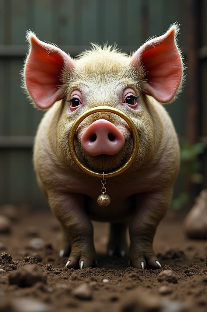 a dirty pig with a gold nose ring