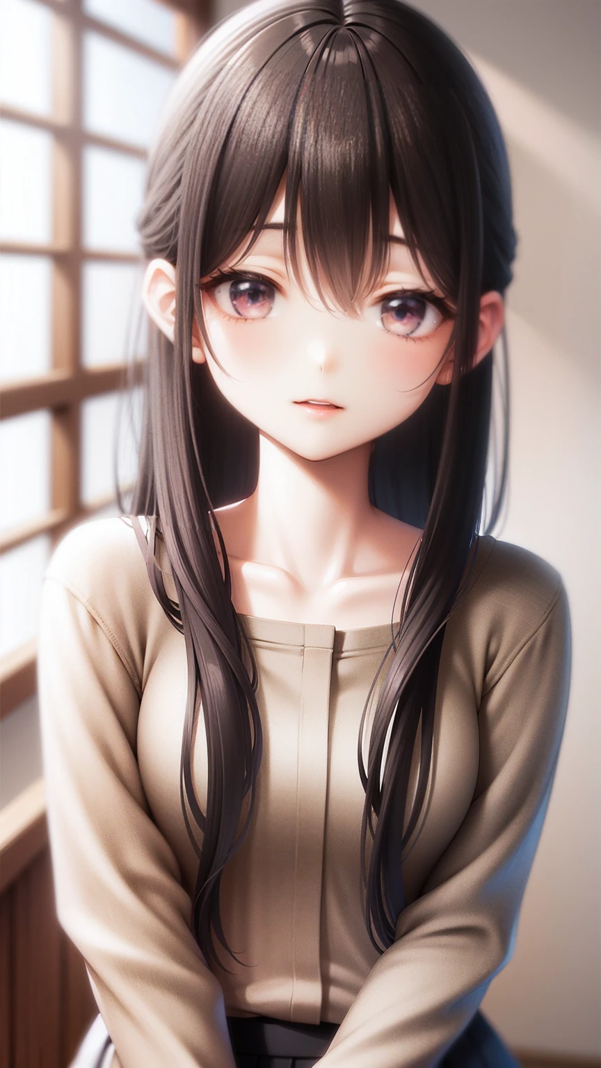Beautiful Japanese Woman, soft skin and perfect face, A small face with a nose and rosy lips, Beautiful Eyes, Beautiful smile. black, Surrounded by a bright, ethereal glow、Thin, long, beautiful hair. A loose, medium hairstyle with gradation highlights and grey layers, Navy band collar shirt x yellow houndstooth flare skirt, Bright neon colorful background, Hyperrealistic female photos, High quality high resolution 8K masterpiece