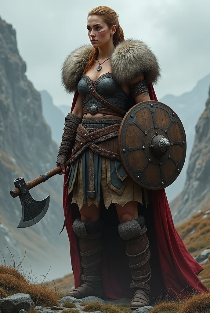 Drawing of a female viking warrior with strong body and scar on left eye, wearing lamellar armor and a fur cape over the shoulders, holding a round wooden shield and a viking axe