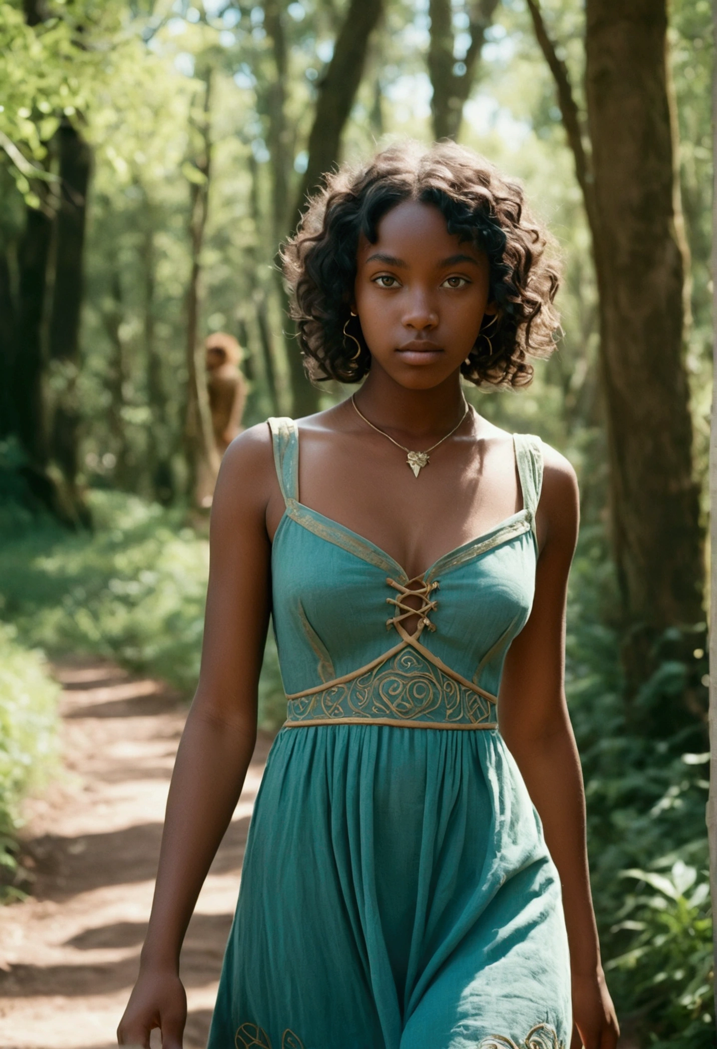 analog film photo, photo of a young elven girl, 18 years old, elf ears, cyan eyes, curly brunette bob cut, black skin, freckles, Amazonian stature, voluptuous hourglass figure, busty bosom, narrow waist, full hips, big plump buttocks, wearing a linen sun dress, strolling through a sunny fantasy landscape, RAW Photograph, dslr, soft lighting, high quality, film grain, Fujifilm XT3, detailed skin with visible pores, insane details, masterpiece, 8k, 35mm photograph, dslr, kodachrome, faded film, desaturated, grainy, vintage, Lomography, stained, highly detailed, found footage, close-up shot, elven ears
