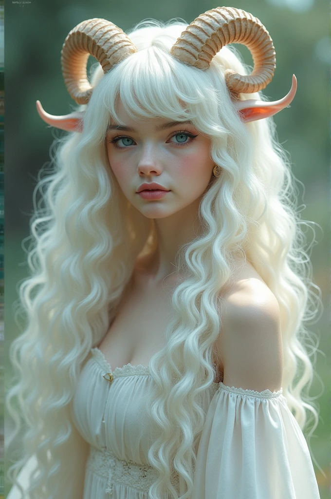 A hybrid of human and sheep, Woman, long curly white hair, Innocent blue eyes, Slightly flushed and gentle face, white outfit, Small sheep horns