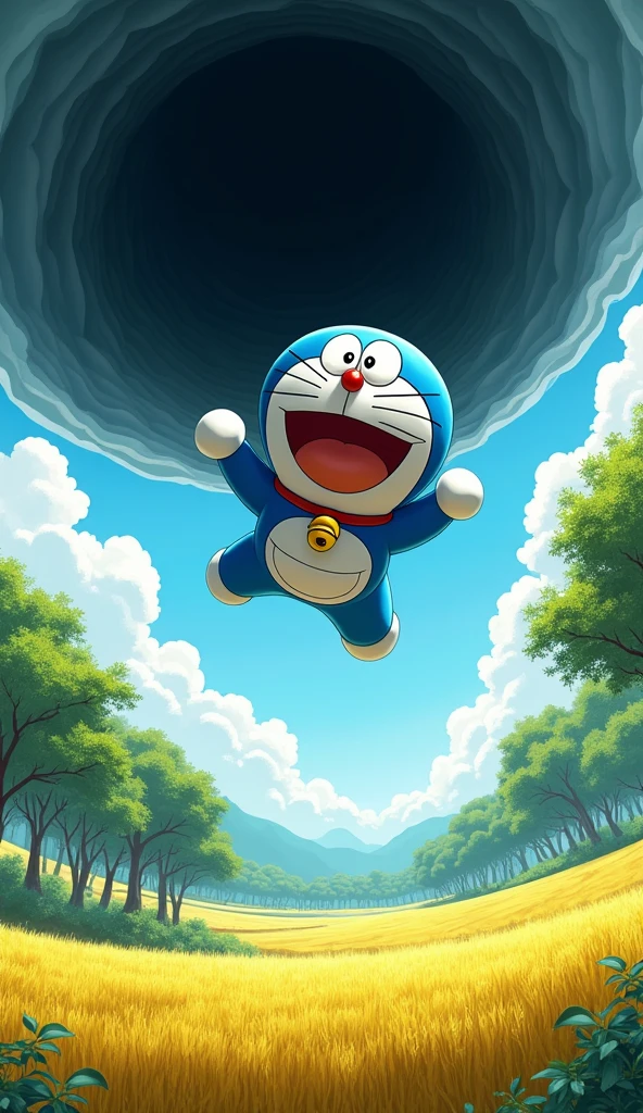 Doraemon falls from a black hole, from above, Doraemon's face was full of fear.the scene below is a field of golden rice paddies, There are trees