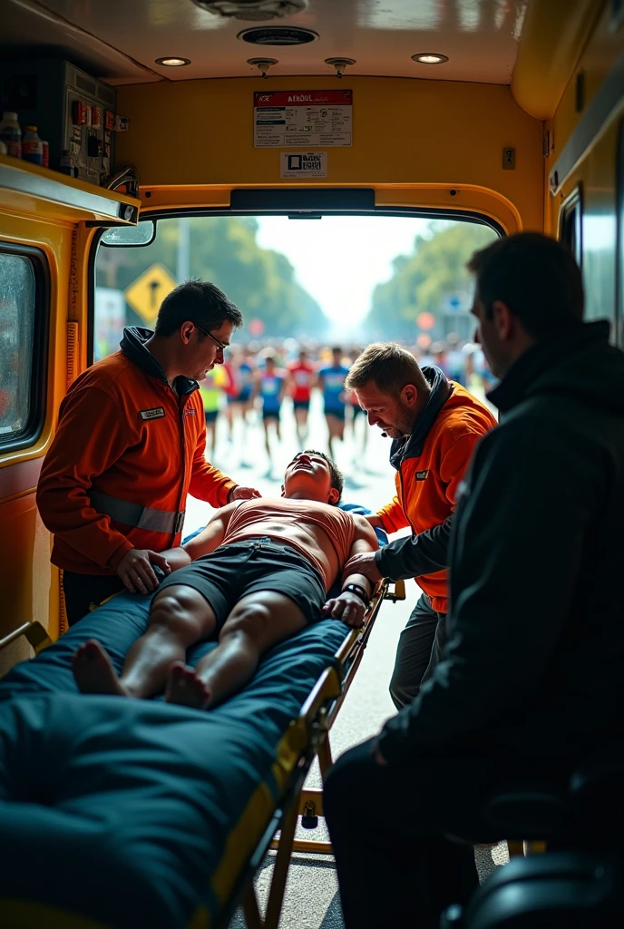 A competitior inside an ambulance while others running a marathon race
