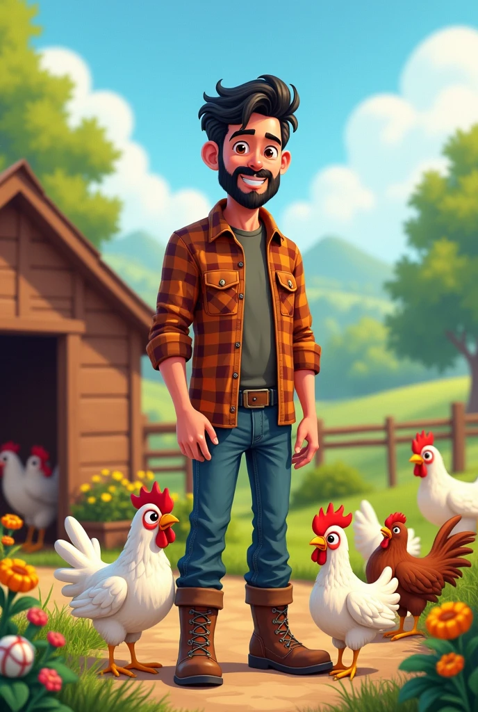 Create a 25 year old white guy, with black hair, social, with beard and taking care of his chicken coop in cartoon