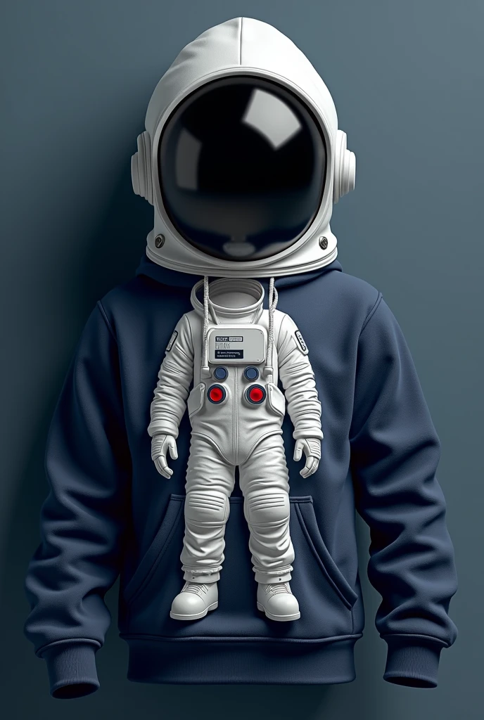 I want a kids' hoodie, where the color of the hoodie is dark blue and the color of the hood is white, in addition to that it has the body of a headless astronaut printed on it, that starts from the top of the sweatshirt, and where it simulates that the hood is the astronaut's helmet 