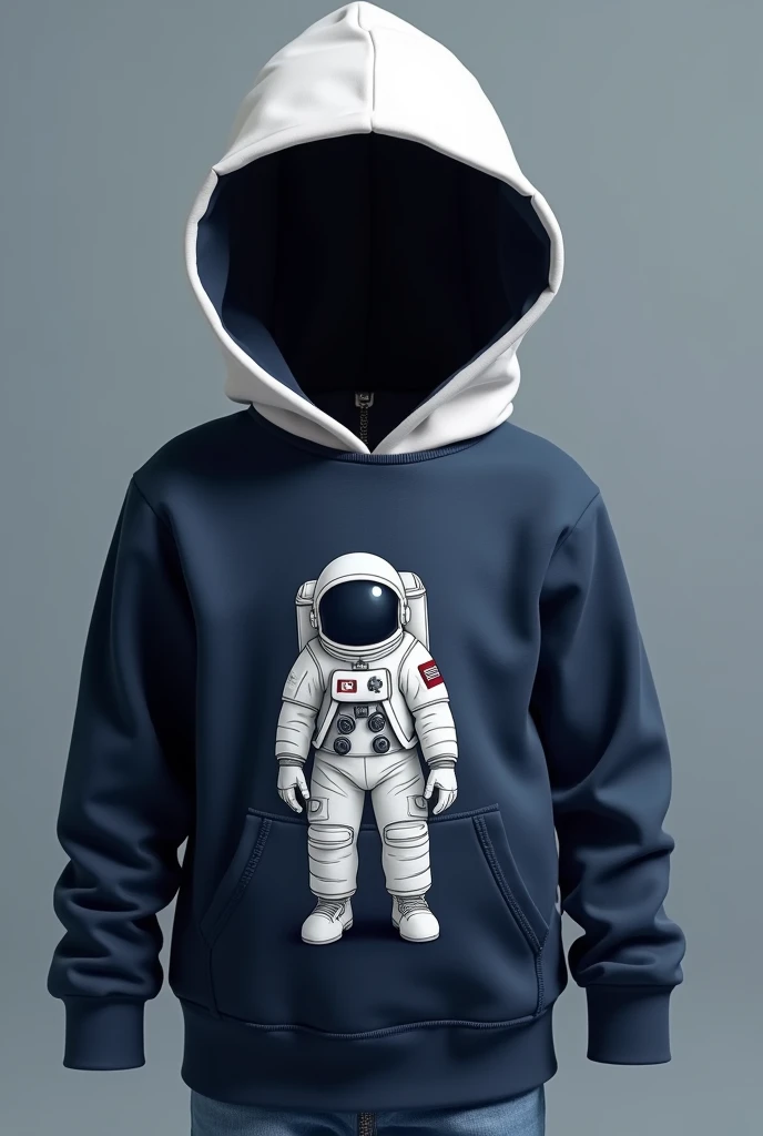 I want a kids' hoodie, where the color of the hoodie is dark blue and the color of the hood is white, in addition to that it has the body of a headless astronaut printed on it, that starts from the top of the sweatshirt, and where it simulates that the hood is the astronaut's helmet