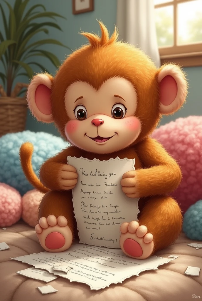Stuffed monkey tearing up a letter