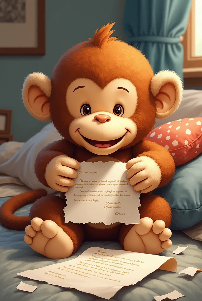 Stuffed monkey tearing up a letter