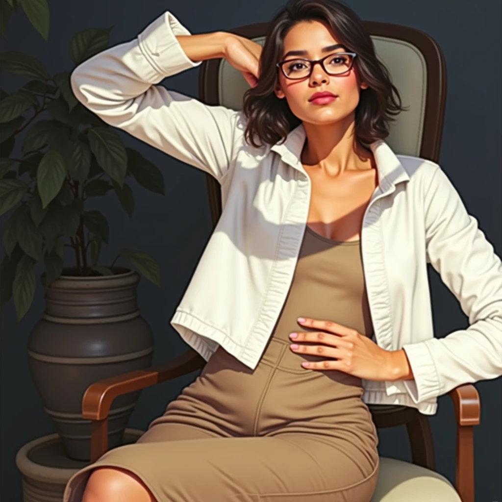 A Brazilian woman wearing a white vest, glasses,Brunetette,medium hair