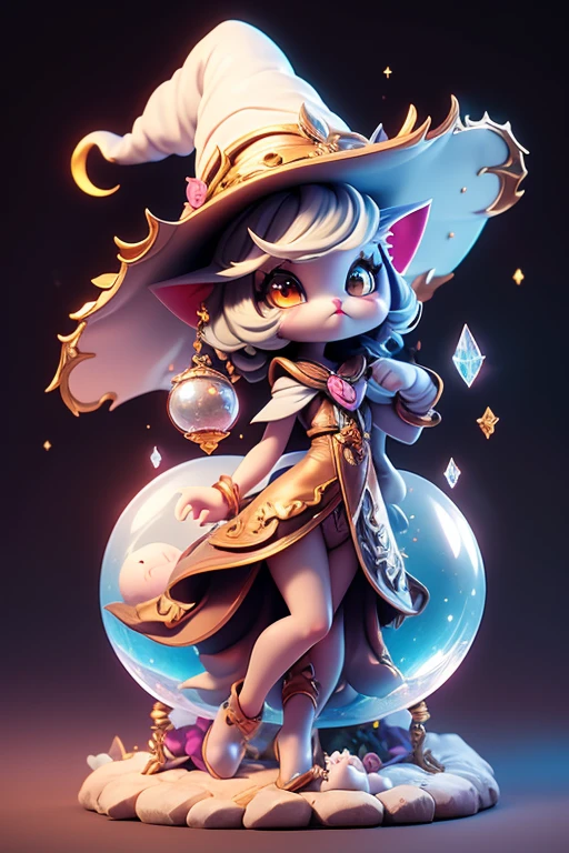 Create an image of a cute cat monster with a fortune-telling crystal ball in front of it. It is wearing a witch's hat and is predicting fortune. The image should be detailed, sharp, and have beautiful colors. It should have arms, legs, eyes, and a mouth. The background should be white.