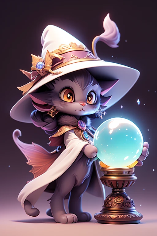 Create an image of a cute cat monster with a fortune-telling crystal ball in front of it. It is wearing a witch's hat and is predicting fortune. The image should be detailed, sharp, and have beautiful colors. It should have arms, legs, eyes, and a mouth. The background should be white.