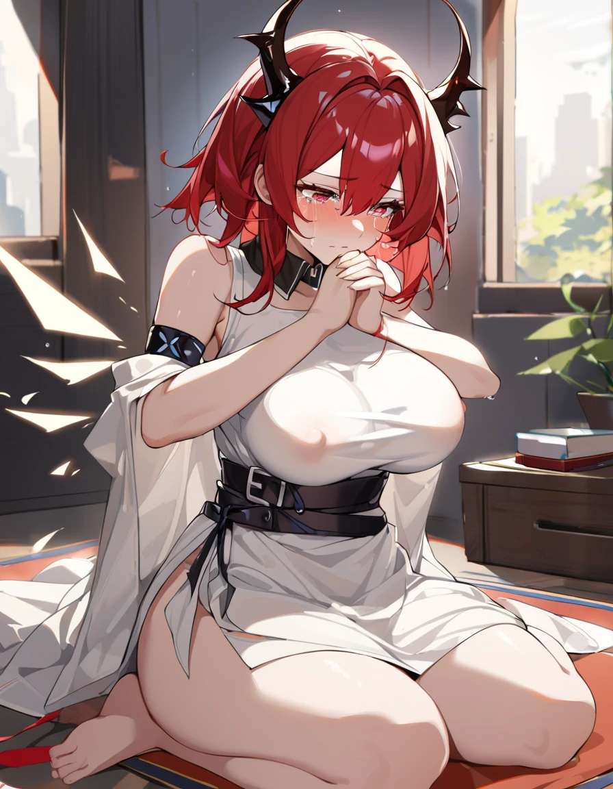 2women,Surtr(Arknights),Exusiai(Arknights),red hair,curvy body,wearing Muslim clothes(Surtr),big breast,nsfw,praying in bedroom, hugging Exusiai,red hair, wearing white dress(Exusiai,sitting on a prayer mat,crying,nsfw