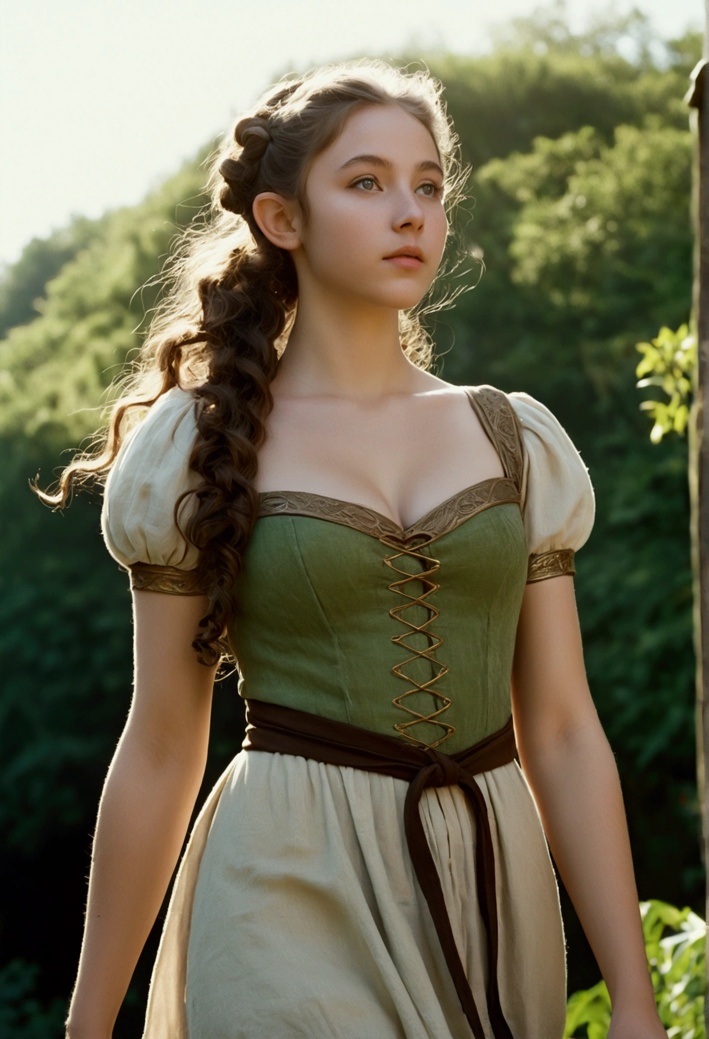 analog film photo, photo of a young elven girl, 18 years old, elf ears, jade eyes, curly brunette ponytail, tan olive skintone, Amazonian stature, voluptuous hourglass figure, busty bosom, narrow waist, full hips, big plump buttocks, wearing a linen sun dress, strolling through a sunny fantasy landscape, RAW Photograph, dslr, soft lighting, high quality, film grain, Fujifilm XT3, detailed skin with visible pores, insane details, masterpiece, 8k, 35mm photograph, dslr, kodachrome, faded film, desaturated, grainy, vintage, Lomography, stained, highly detailed, found footage, close-up shot, elven ears